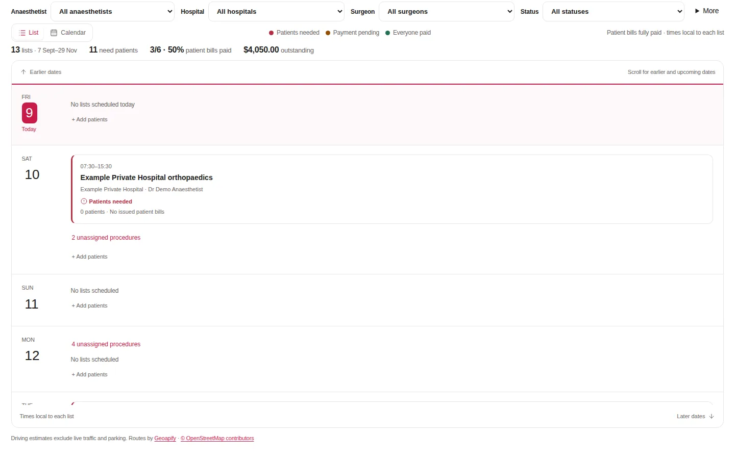 The rolling list view starting from today, with each list's payment progress