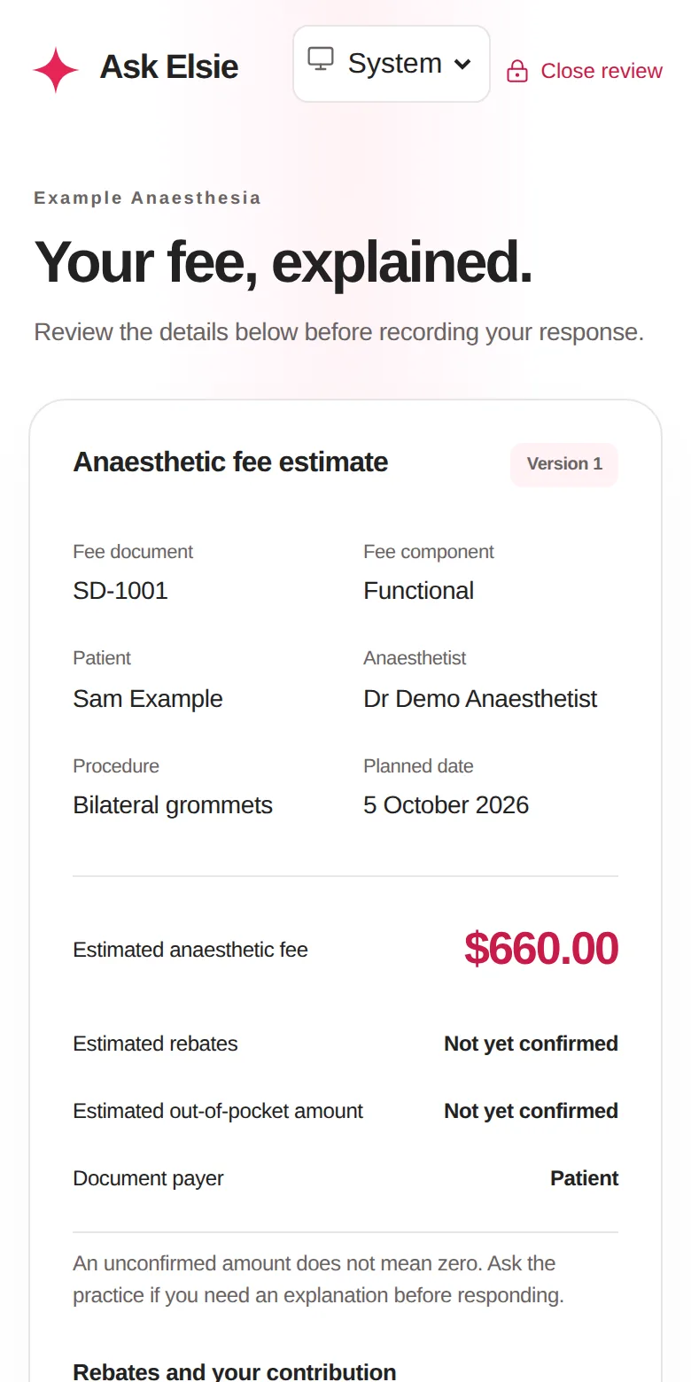 A patient's anaesthetic fee estimate on a phone